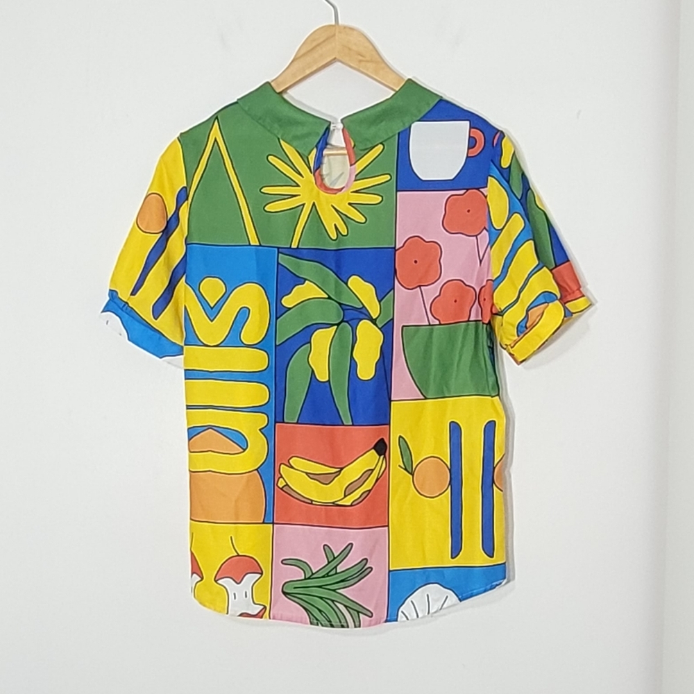 Pop Art Multicolored Abstract Prints Short Sleeve Lightweight Blouse Size Small - Picture 8 of 14